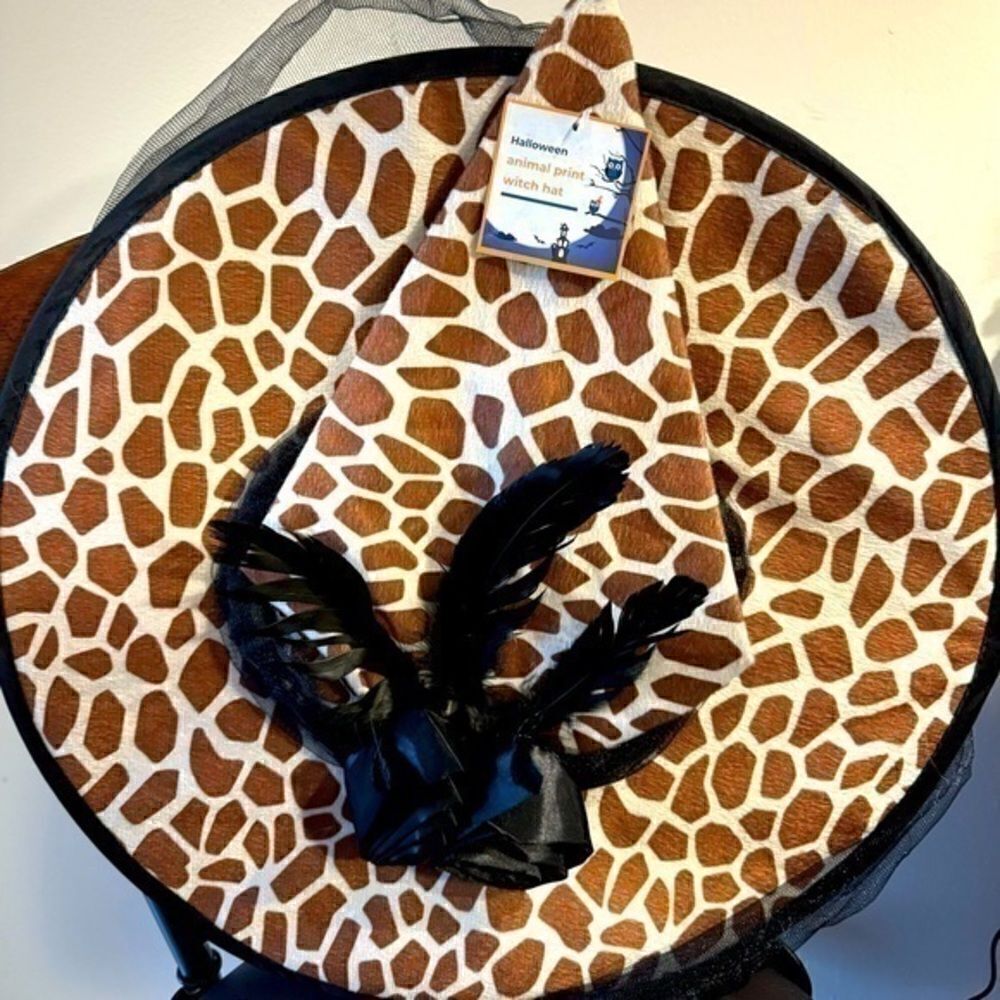 Giraffe Print Witch Hat with Veil | Unique Halloween Costume Accessory